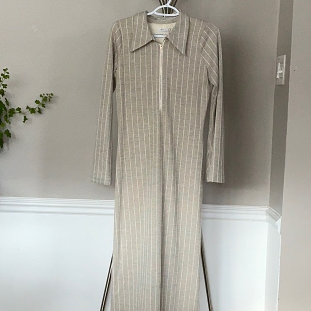 Beige Striped Long Sleeve Dress